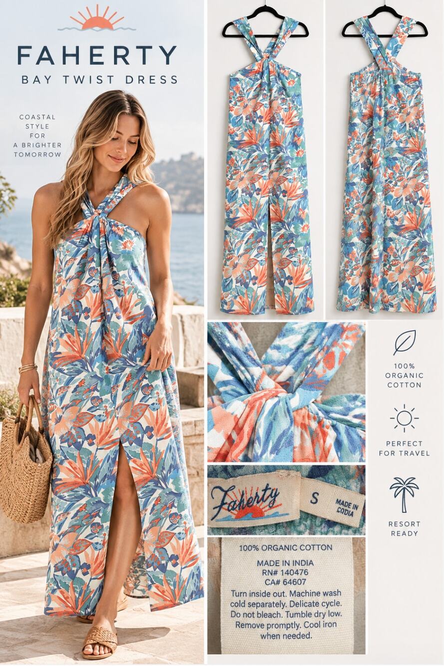 Faherty Bay Twist Organic Cotton Maxi Dress S Tropical Floral Halter Cross Back